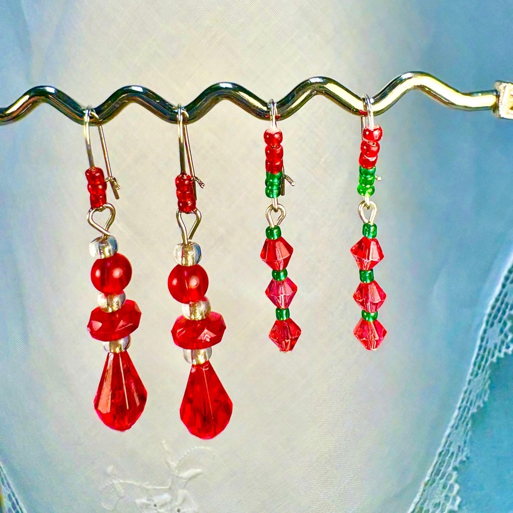 Handcrafted Christmas Women Earrings Red Crystals Dangle & Red w/Green Accents